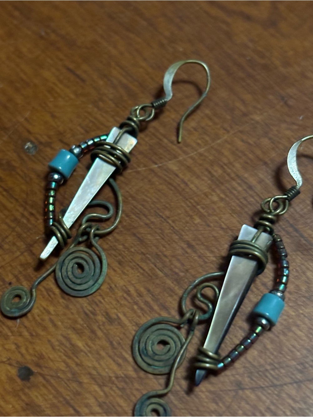 Vintage Handmade Boho Wire Wrapped Earrings with Blue beads and stones